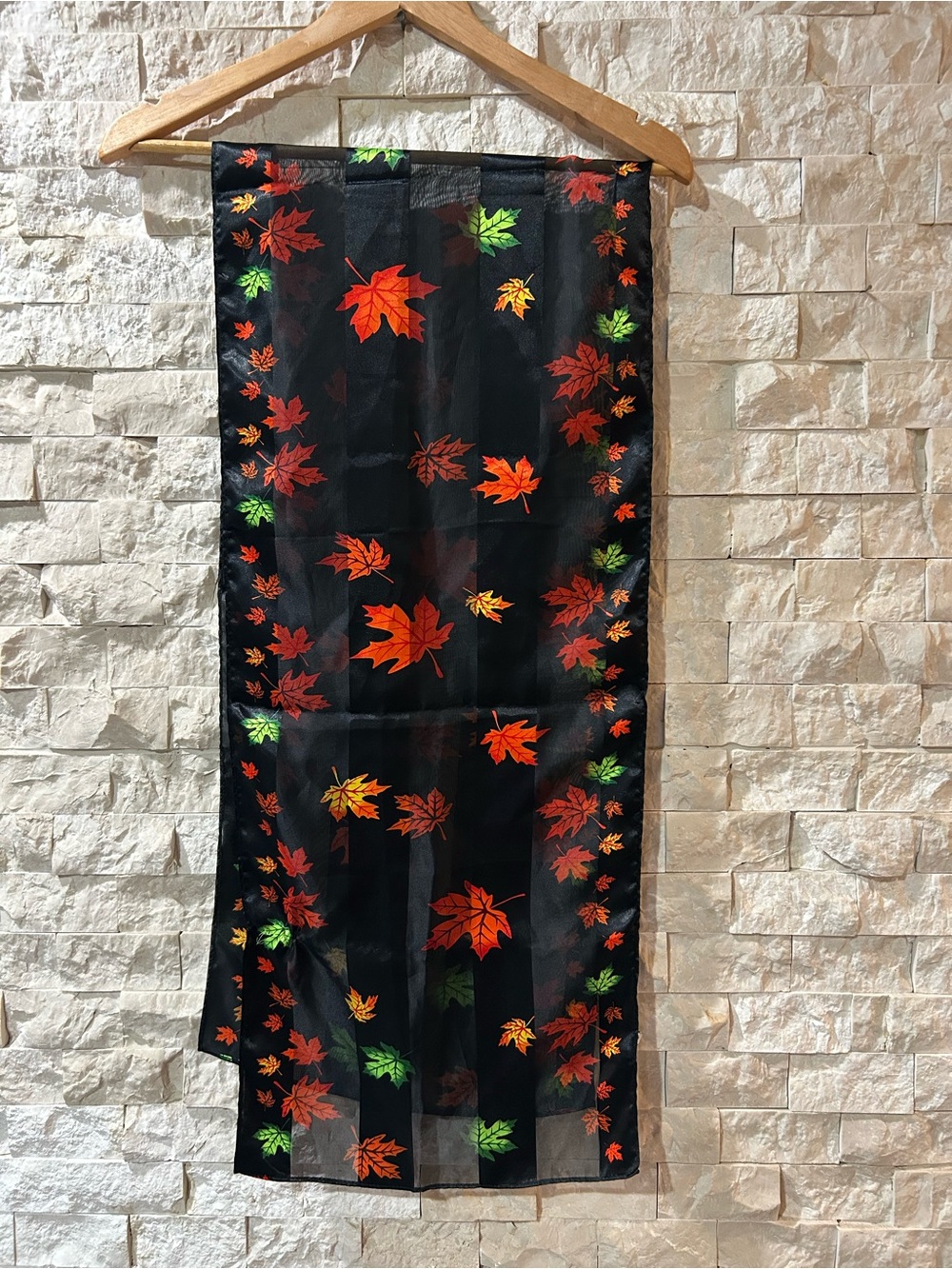 Oscardo.com  Black Sheer Scarf with Red, Orange and Green Leaf Motif 100% Pol